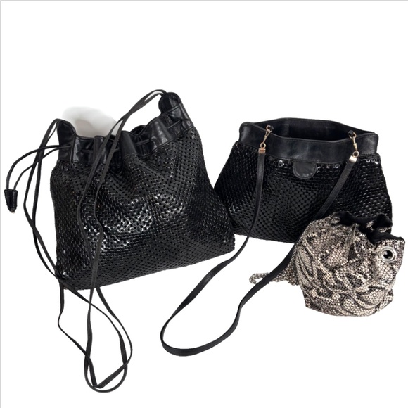 Vintage 60s Purses Set of 3 Handbags Whiting & Davis Beaded Black Snakeskin - Picture 1 of 16